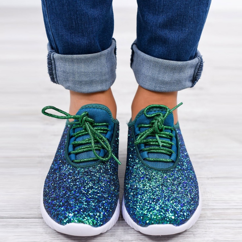 HP 💃 Light-Weight Mermaid Green Glitter Lace Up Slip-On Sneaker Gym Yoga - Picture 2 of 4